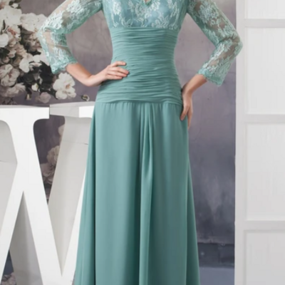 A line v-neck chiffon long mother of bridal dress with illusion neckline
