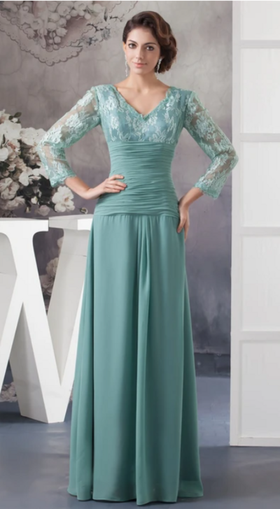 A Line V-Neck Chiffon Long Mother Of Bridal Dress With Illusion Neckline