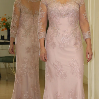 Sheath light pink satin mother of the bride dress with lace appliques
