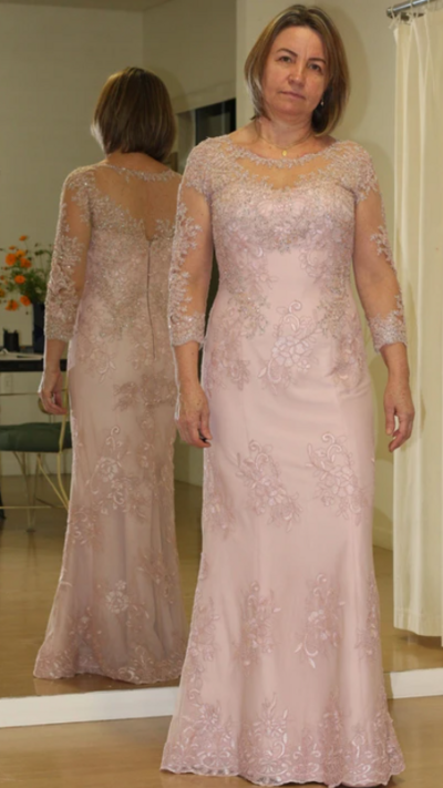 Sheath Light Pink Satin Mother of the Bride Dress with Lace Appliques