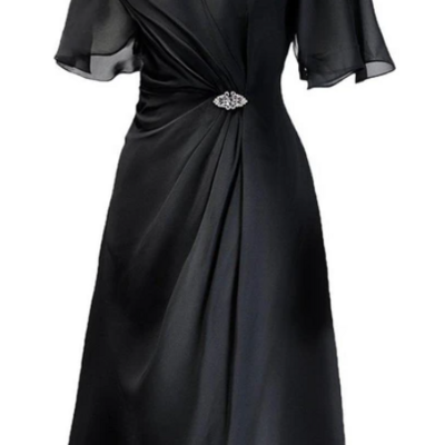 Tea length short-sleeved mother of bridal dress short prom dress with beading