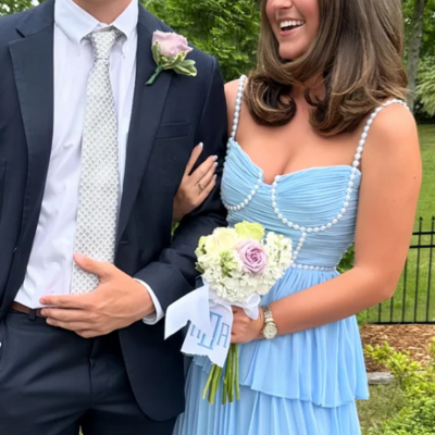 Beautiful light blue chiffon long prom dresses with pearl beaded 