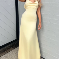 Sexy Pearl Straps Patel Yellow Satin Long Backless Prom Dress Evening Gown - Thumbnail 1
