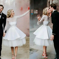 Modest Sheer Illusion Short Wedding Dress Bridal Dress,1970 - Thumbnail 1