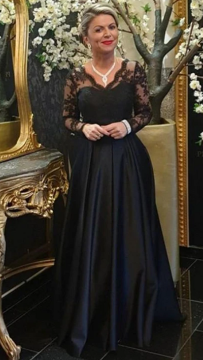 Charming A Line Satin Long Sleeves Mother of the Bride Dress Prom Dress with Lace
