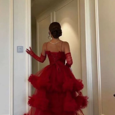 Spaghetti straps red ruffled tiered tulle a-line arabian prom dress evening gown - Thumbnail 1