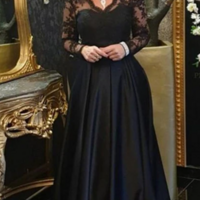 Charming A Line Satin Long Sleeves Mother of the Bride Dress Prom Dress with Lace - Thumbnail 9