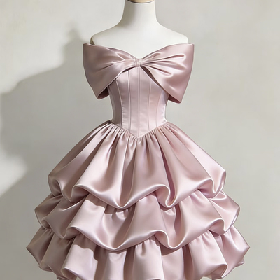 Pink satin short a-line prom party dress