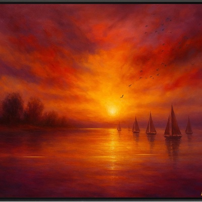 Sailing into sunset - fiery sky over calm waters