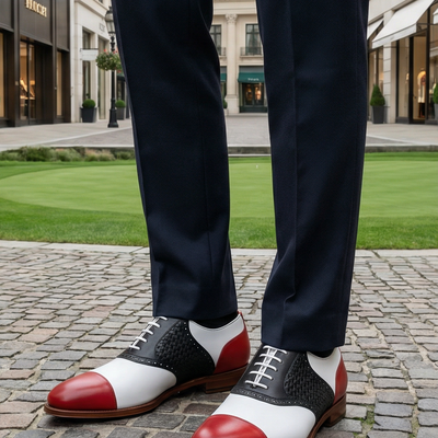 Crafted leather mens designer classic tri color red white and black woven leather saddle golf dress shoes