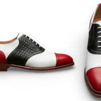 Crafted Leather Mens Designer Classic Tri Color Red White and Black Woven Leather Saddle Golf Dress Shoes - Thumbnail 1