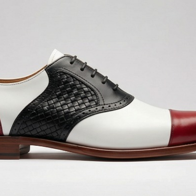 Crafted leather mens designer classic tri color red white and black woven leather saddle golf dress shoes