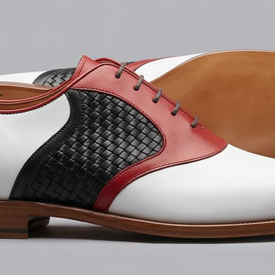 Crafted leather mens designer classic tri color red white and black woven leather saddle golf dress shoes