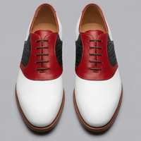 Crafted Leather Mens Designer Classic Tri Color Red White and Black Woven Leather Saddle Golf Dress Shoes - Thumbnail 1