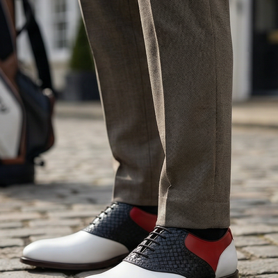 Crafted leather mens designer classic tri color red white and black woven leather saddle golf dress shoes