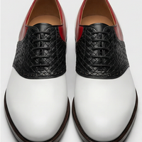 Crafted Leather Mens Designer Classic Tri Color Red White and Black Woven Leather Saddle Golf Dress Shoes - Thumbnail 1