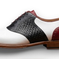 Crafted Leather Mens Designer Classic Tri Color Red White and Black Woven Leather Saddle Golf Dress Shoes - Thumbnail 1