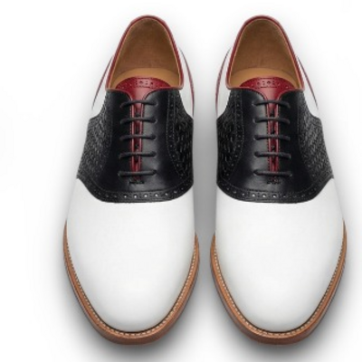 Crafted leather mens designer classic tri color red white and black woven leather saddle golf dress shoes