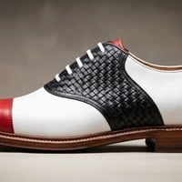 Crafted Leather Mens Designer Classic Tri Color Red White and Black Woven Leather Saddle Golf Dress Shoes - Thumbnail 1