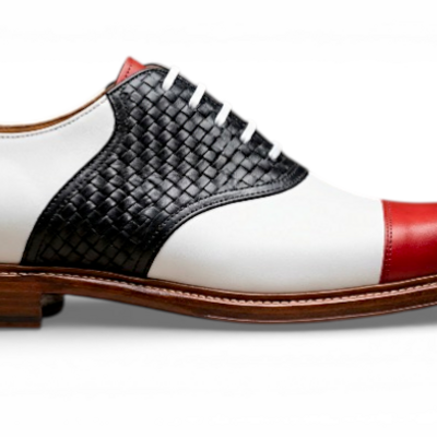Crafted leather mens designer classic tri color red white and black woven leather saddle golf dress shoes