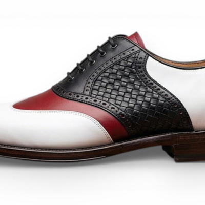 Crafted leather mens designer classic tri color red white and black woven leather saddle golf dress shoes