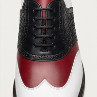 Crafted Leather Mens Designer Classic Tri Color Red White and Black Woven Leather Saddle Golf Dress Shoes - Thumbnail 2