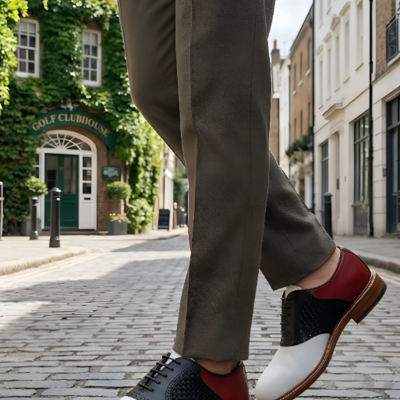 Crafted leather mens designer classic tri color red white and black woven leather saddle golf dress shoes