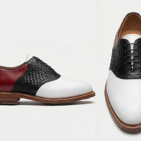 Crafted Leather Mens Designer Classic Tri Color Red White and Black Woven Leather Saddle Golf Dress Shoes - Thumbnail 1