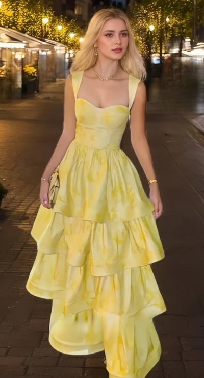Yellow Floral School Graduation Dress Ruffle Prom Dress Party Gown