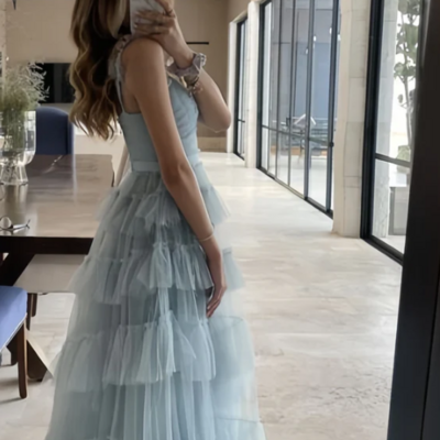 Elegant floor length light blue tulle mother of bridal dress ruffle long prom dresses  - Thumbnail 1
