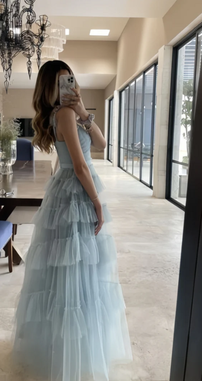 Elegant Floor Length Light Blue Tulle Mother Of Bridal Dress Ruffle Long Prom Dresses 