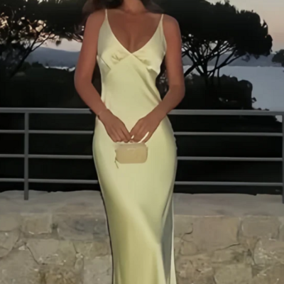 Simple pastel yellow a line v-neck mother of bridal dress backless evening dress - Thumbnail 1