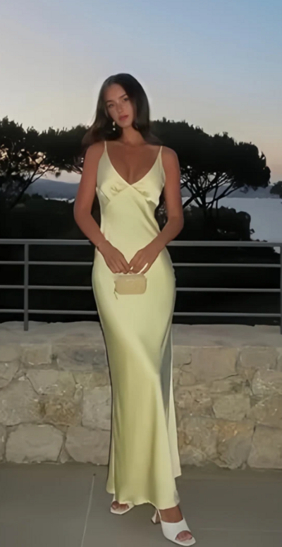 Simple Pastel Yellow A Line V-neck Mother Of Bridal Dress Backless Evening Dress