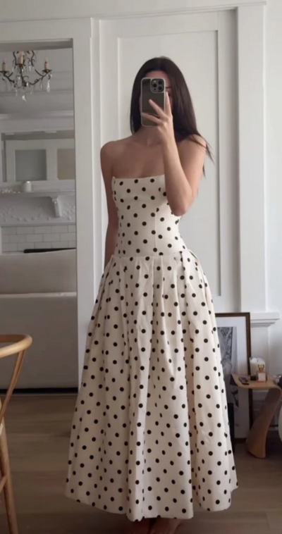 Strapless A-line Dots Ankle Length Senior Prom Dresses Party Dresses