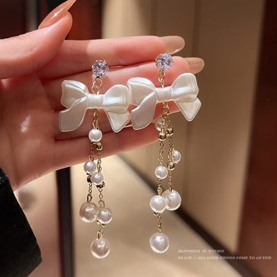 Elegant luxurious Long Tassels Bow Earrings With Pearls for Women