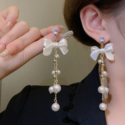Elegant luxurious long tassels bow earrings with pearls for women