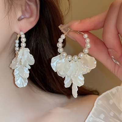 Women Fashion Imitation Pearl Round Hoop Earrings