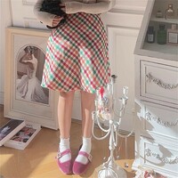 Retro high-waisted A-line skirt with colorful checkered pattern. - Thumbnail 1
