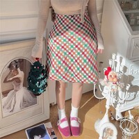Retro high-waisted A-line skirt with colorful checkered pattern. - Thumbnail 3