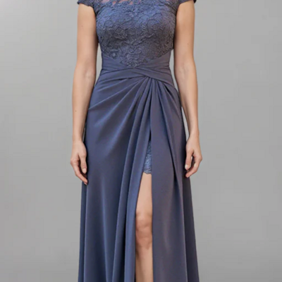 Elegant grey boat neck mother of the bride dress formal evening gowns - Thumbnail 1