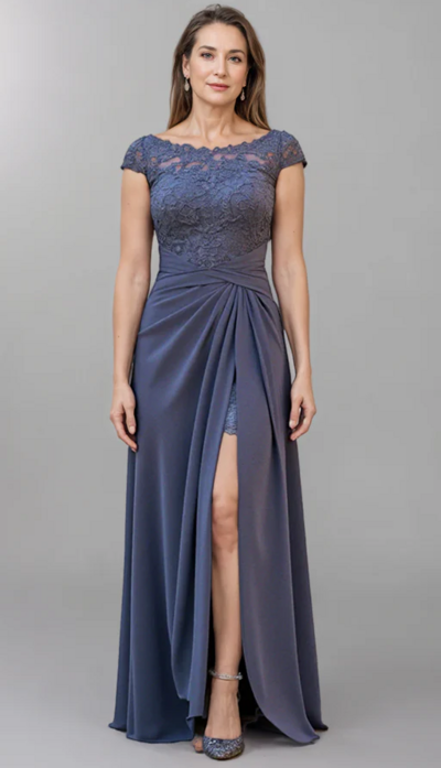 Elegant Grey Boat Neck Mother of the Bride Dress Formal Evening Gowns