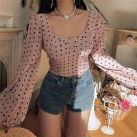 Stylish and elegant T-shirt with puff sleeves, square neckline, and boning detail. - Thumbnail 1