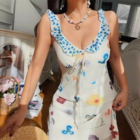 Beach vacation style, casual and sweet V-neck dress with a fitted waist. - Thumbnail 1