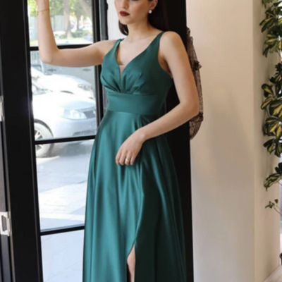 A-line high slit mother of bridal dress long satin evening dresses - Thumbnail 1