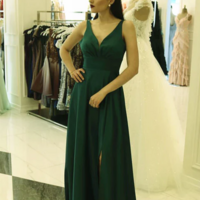 A-line High Slit Mother Of Bridal Dress Long Satin Evening Dresses - Thumbnail 1