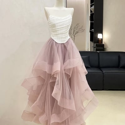 Romantic pink tulle party dress with white ruched strapless bodice
