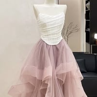 Romantic Pink Tulle Party Dress with White Ruched Strapless Bodice - Thumbnail 1