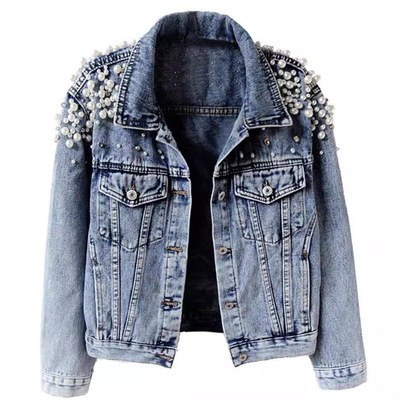 New Embroidered Rivet Pearl Short Denim Jacket for Women