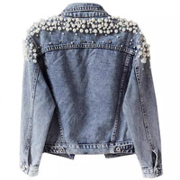 New Embroidered Rivet Pearl Short Denim Jacket for Women - Thumbnail 1