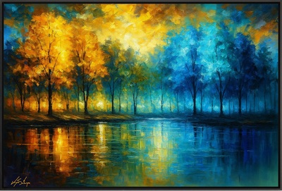 Seasonal Reflections - Autumn Gold Meets Winter Blue Forest